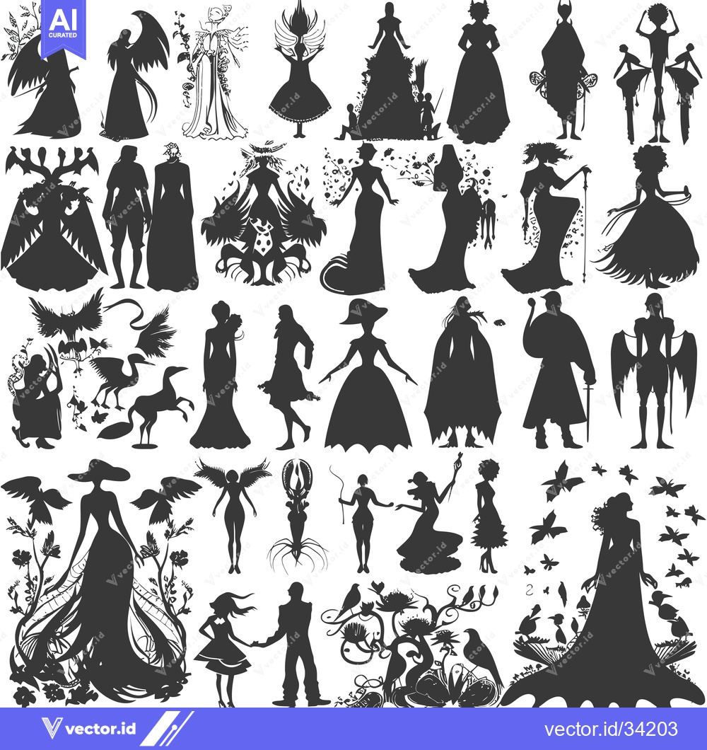 Premium Vector dari Collection of Silhouettes of People, Animals, and Fantasy Creatures