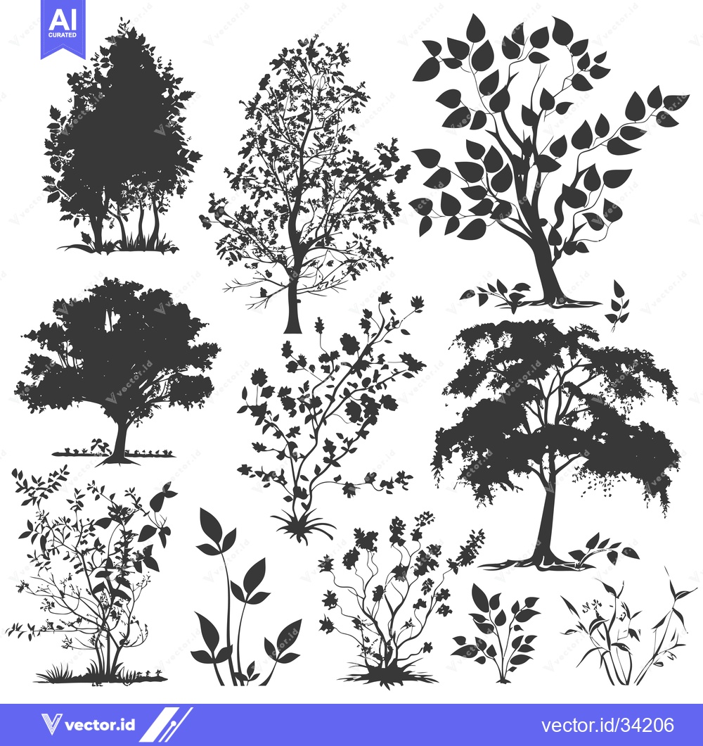 Premium Vector dari Collection of Silhouettes of Trees and Bushes