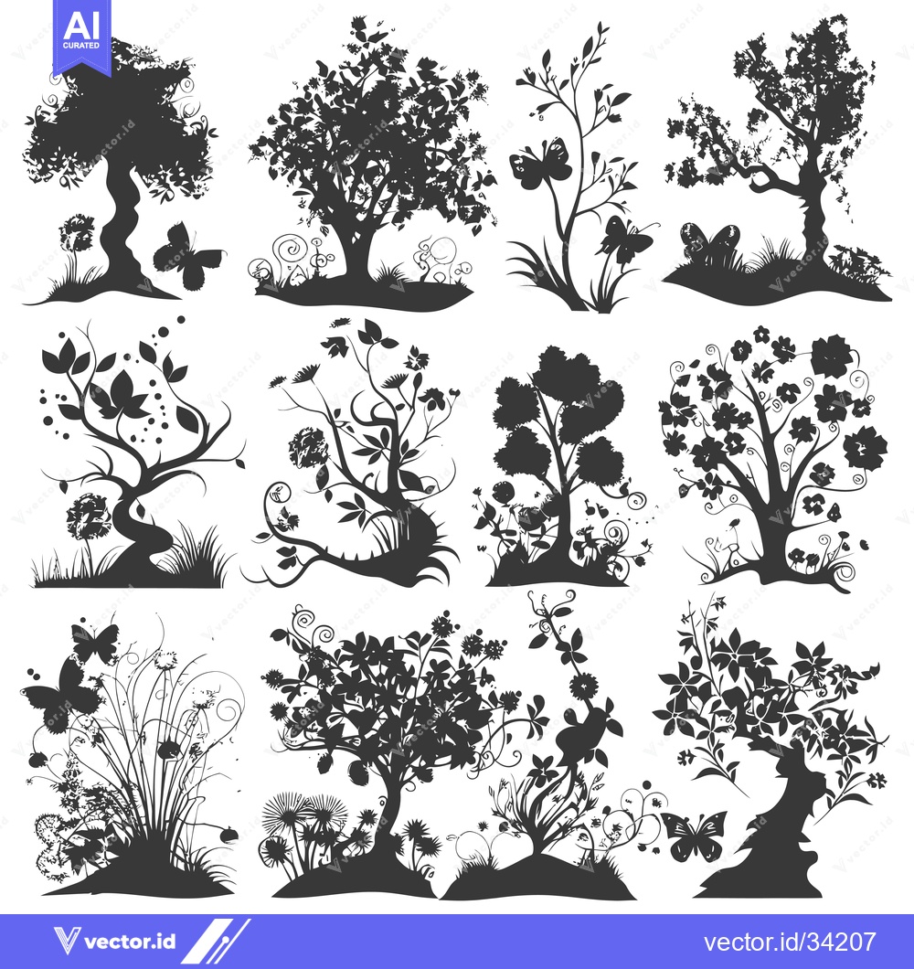 Premium Vector dari Collection of Silhouettes of Trees, Flowers, and Butterflies