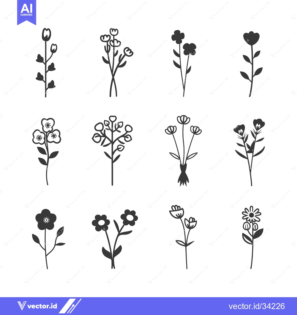 Premium Vector of Collection of Simple Black and White Flower Illustrations