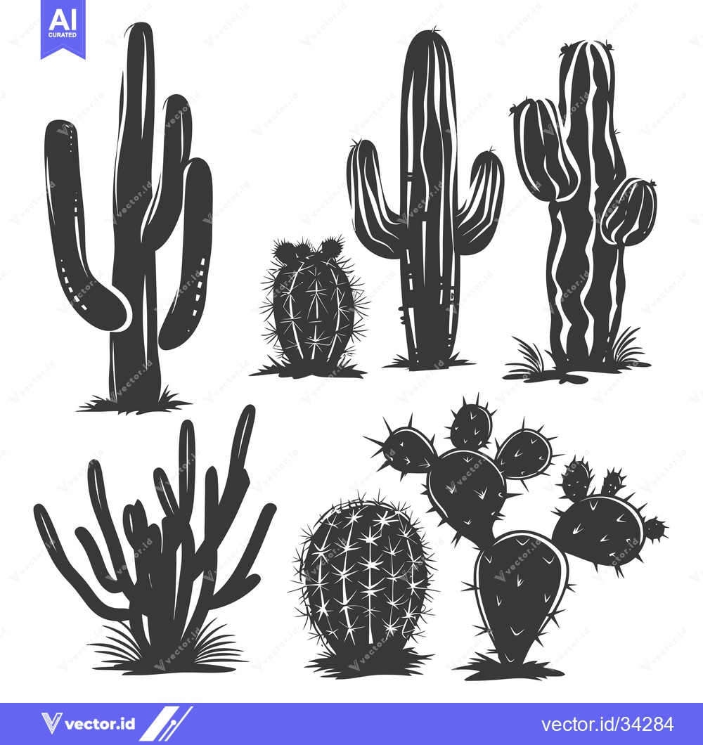 Premium Vector dari Collection of Six Black and White Cactus Silhouettes