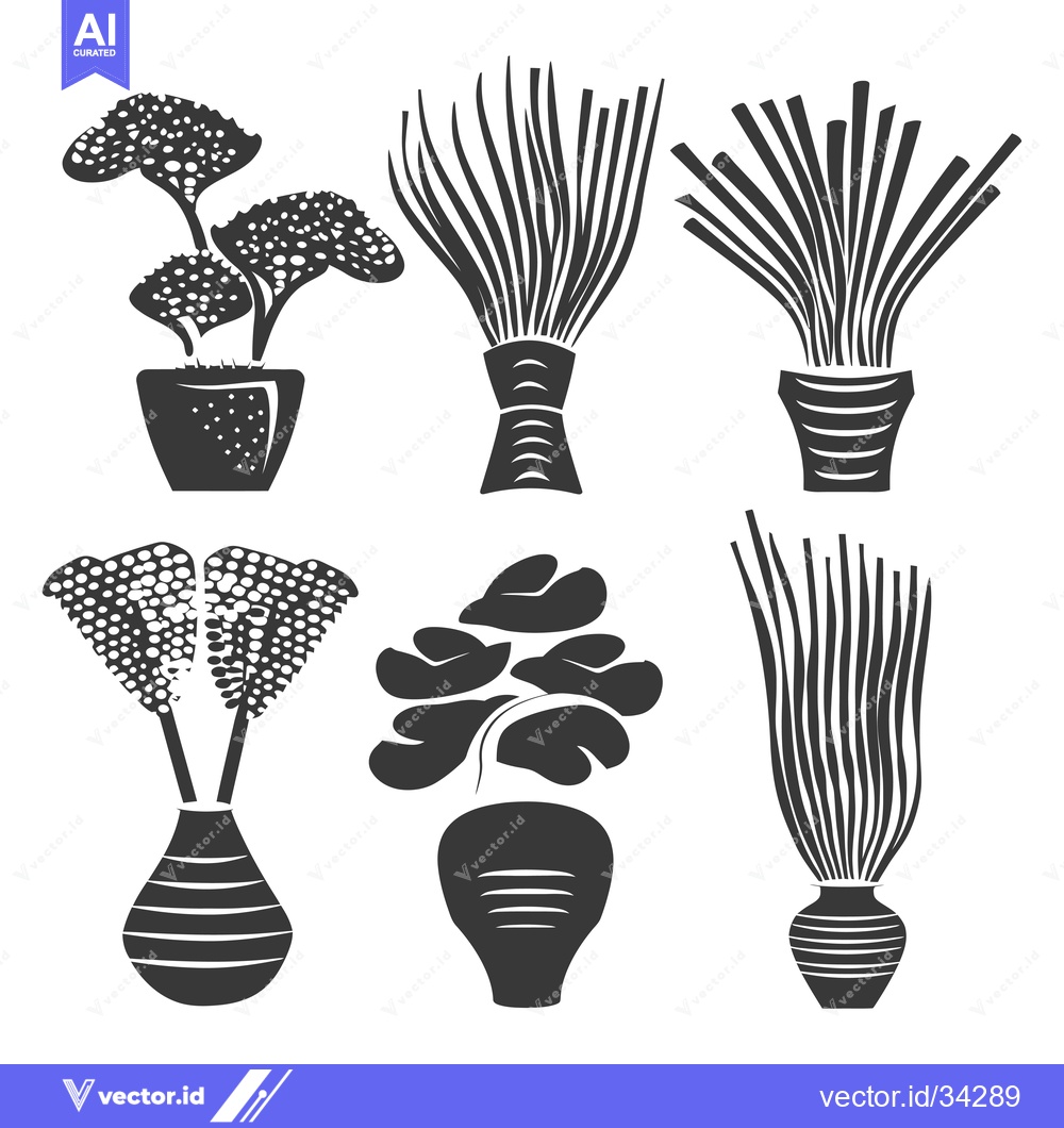 Premium Vector dari Collection of Six Black and White Silhouette Houseplants