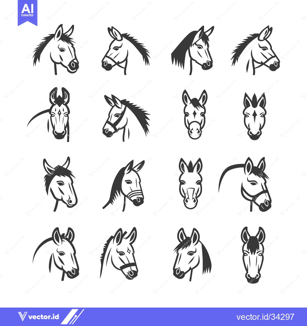 Premium Vector of Collection of Sixteen Black and White Horse Head Illustrations