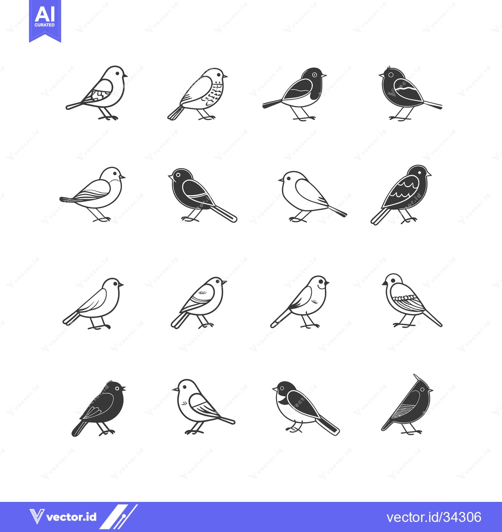Premium Vector of Collection of Sixteen Simple Bird Illustrations in Black and White