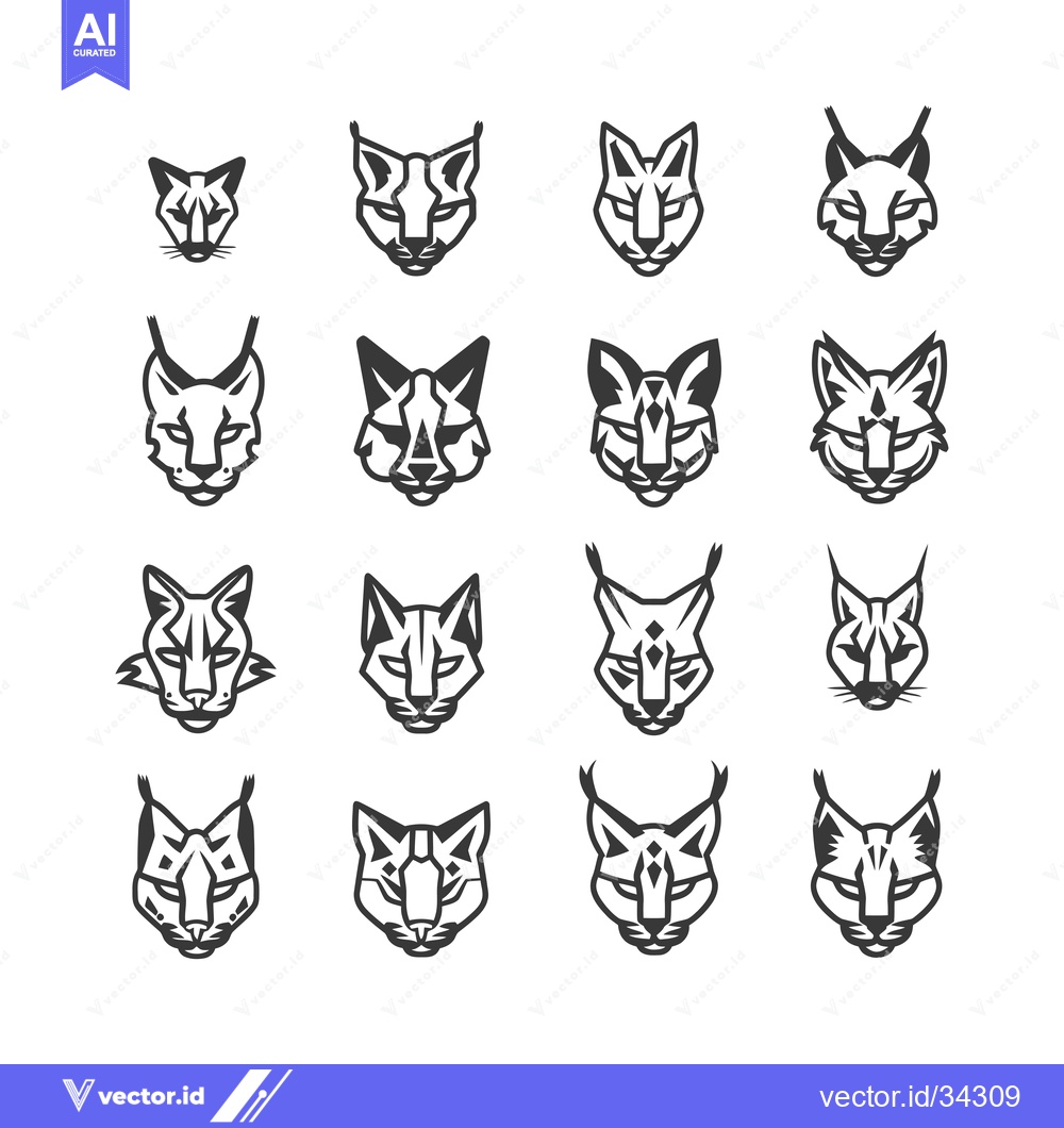 Premium Vector of Collection of Sixteen Stylized Lynx Head Illustrations