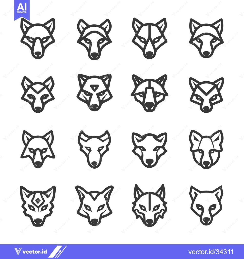 Premium Vector of Collection of Sixteen Unique Wolf Head Line Drawings
