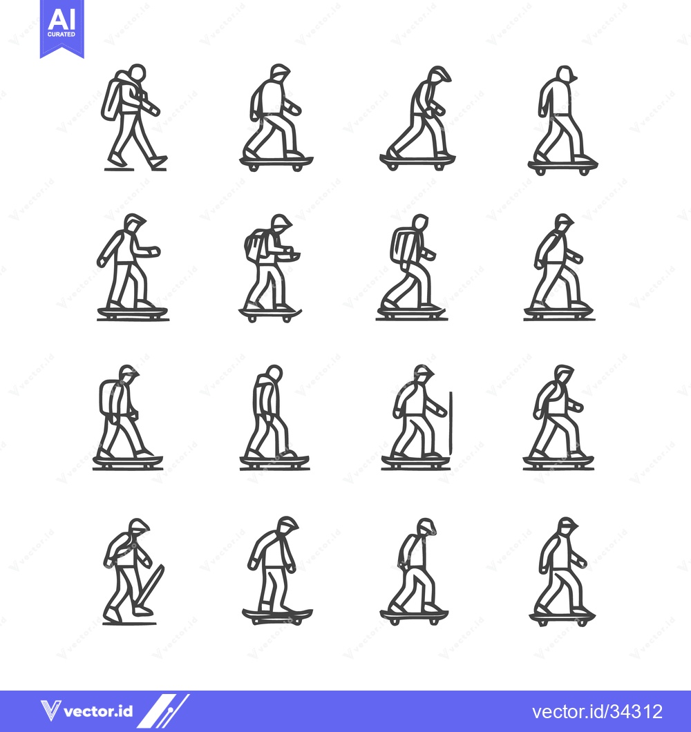 Premium Vector of Skateboarders in Various Poses - A Collection of Line Art Illustration