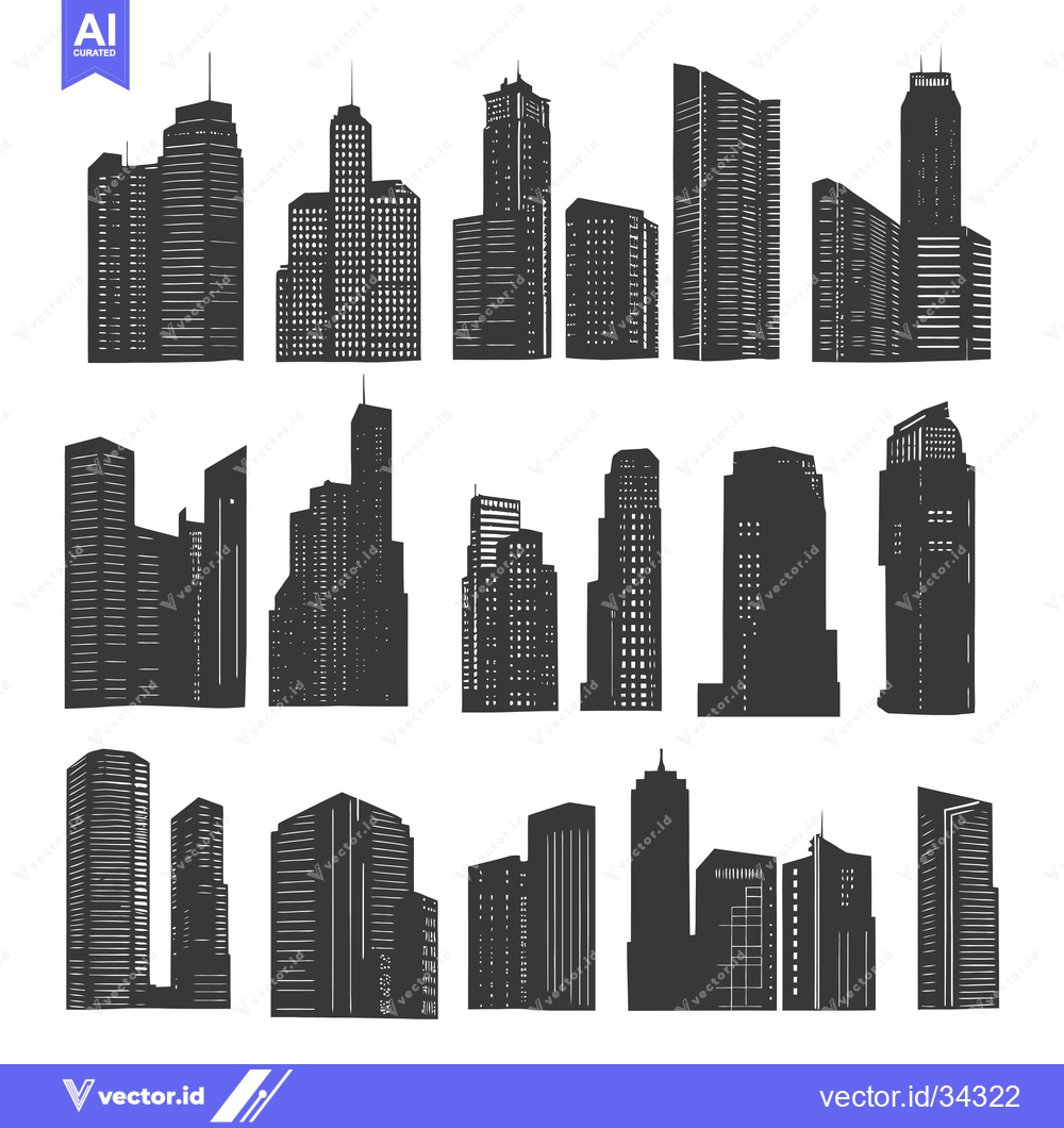 Premium Vector dari Collection of Skyscraper Silhouettes in Black and White