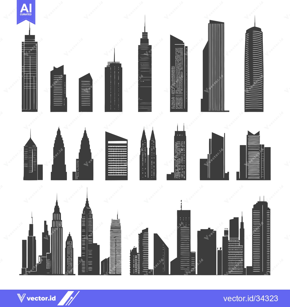 Premium Vector dari Collection of Skyscrapers in Black and White Silhouette