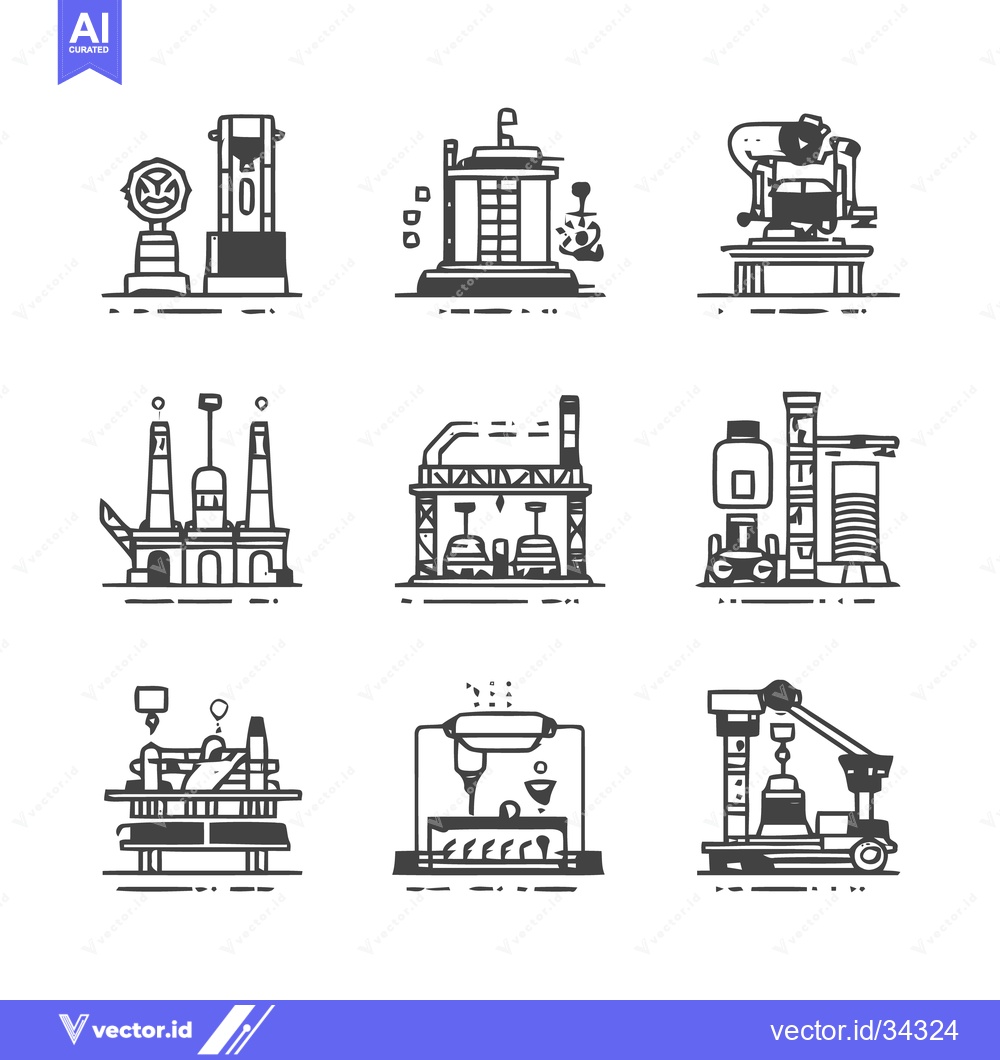 Premium Vector of Industrial Icons - Factories, Plants, and Manufacturing Equipment.