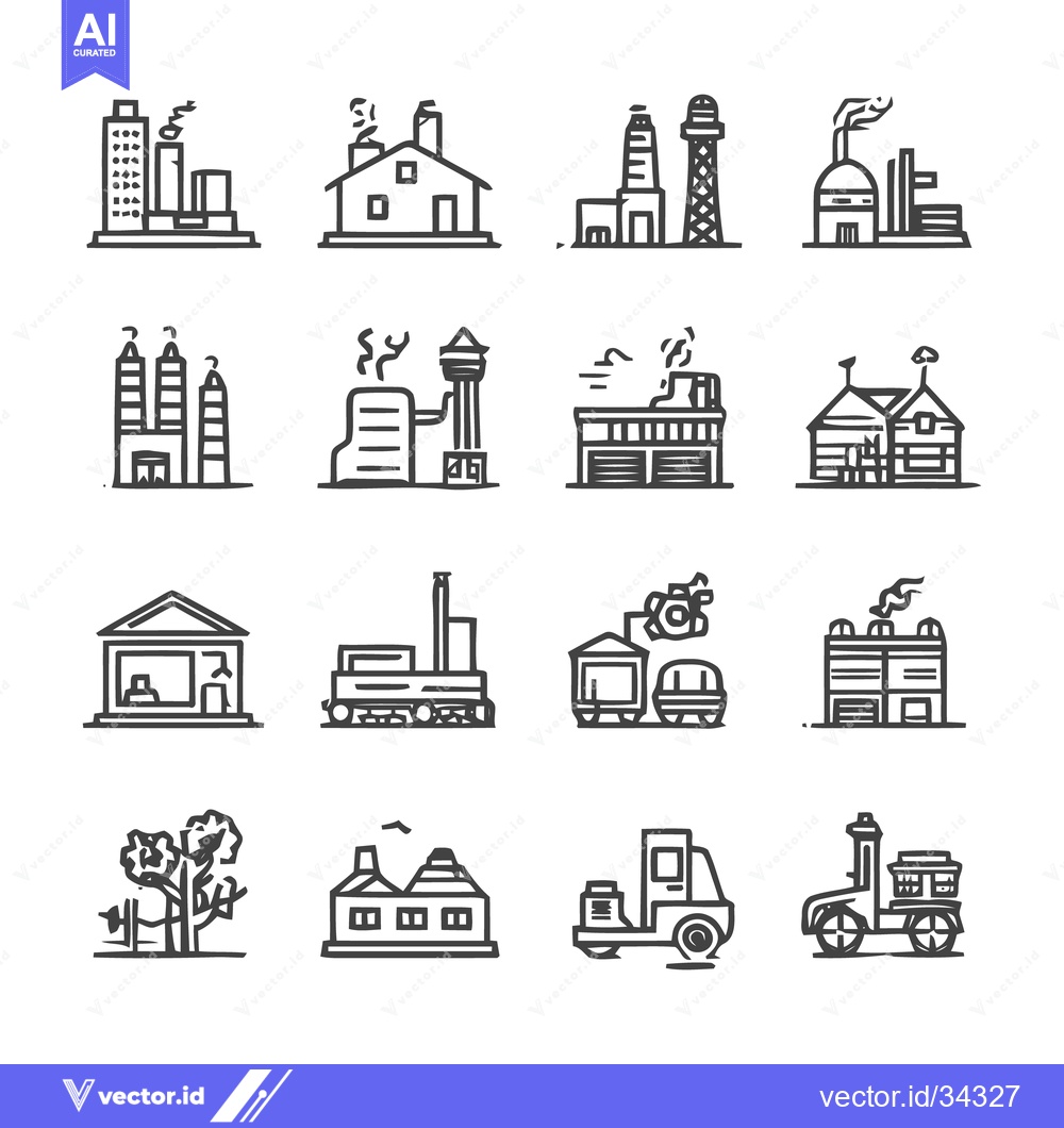 Premium Vector dari Industrial Icons - Factories, Buildings, and Transportation Elements.