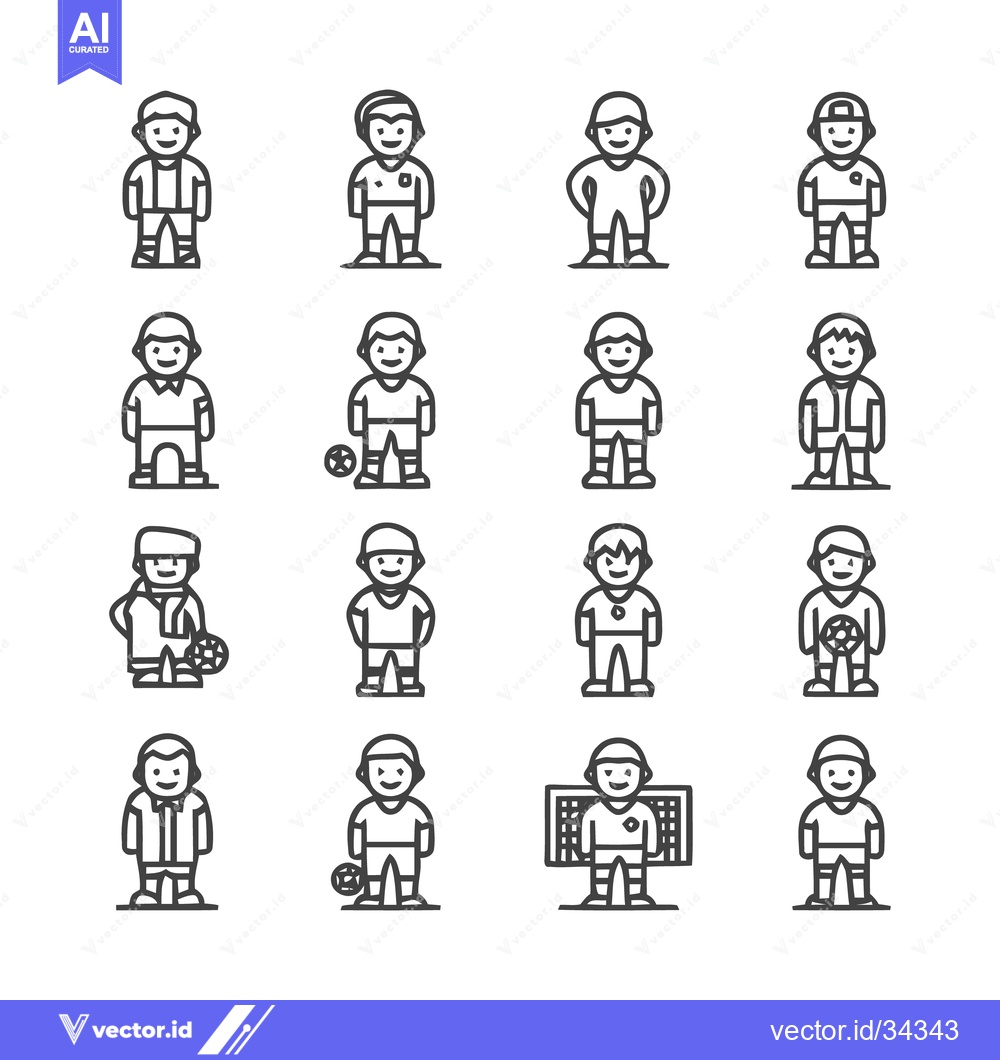 Premium Vector of Soccer Players Icon Set - Diverse Line Art Illustrations.