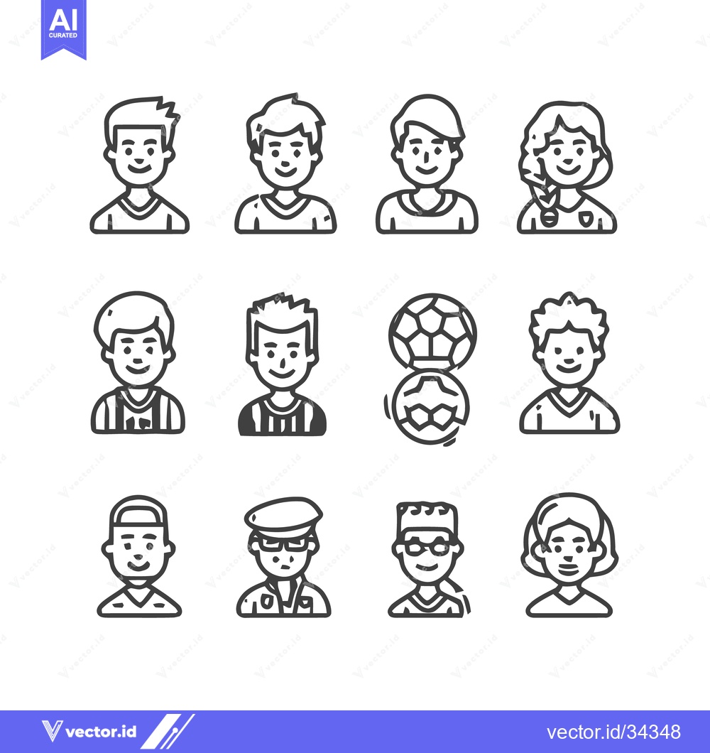 Premium Vector of Line Art Portraits of Diverse People and Sports Icons.