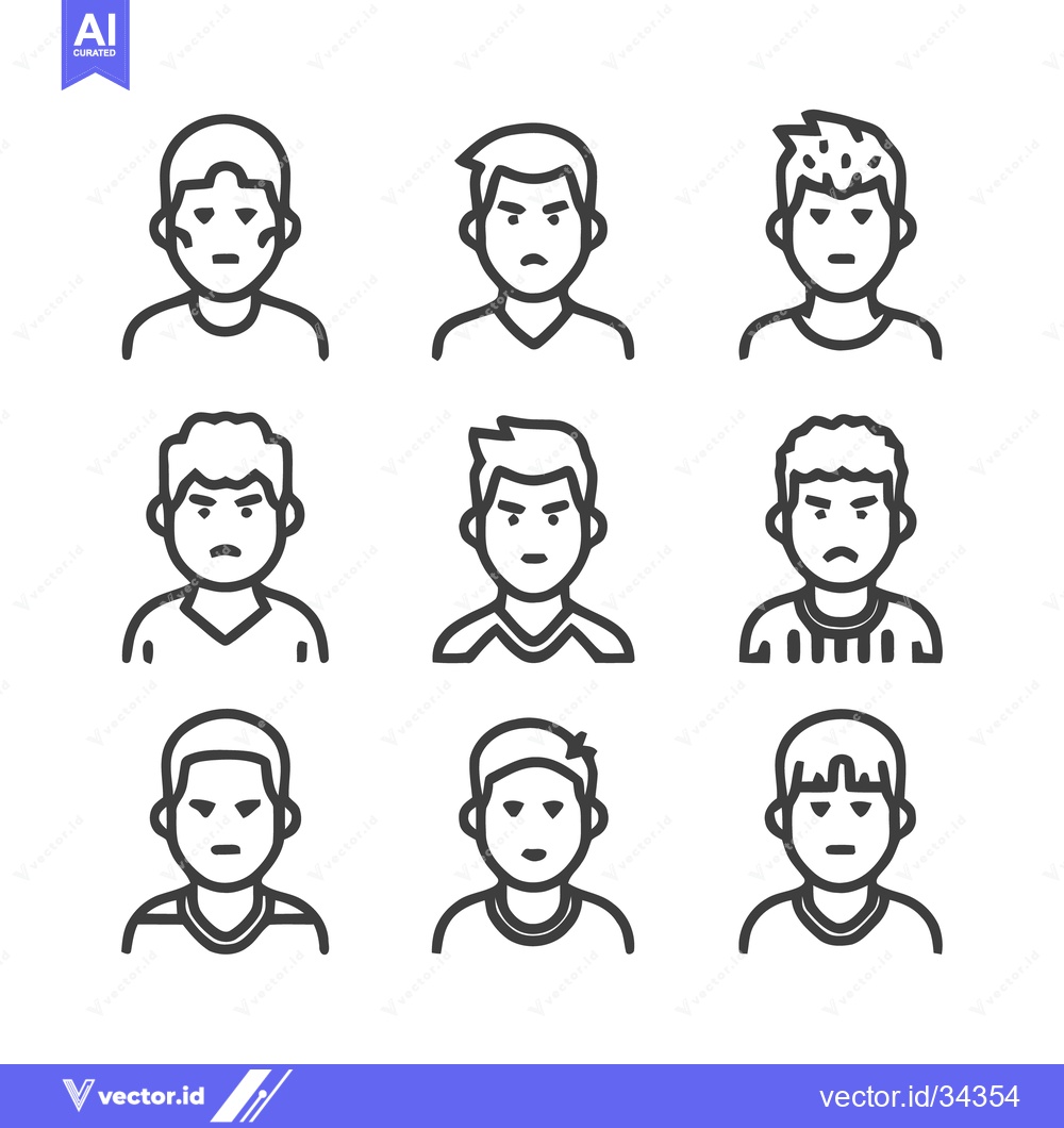 Premium Vector dari Nine angry male faces, line art, vector illustration, simple design.