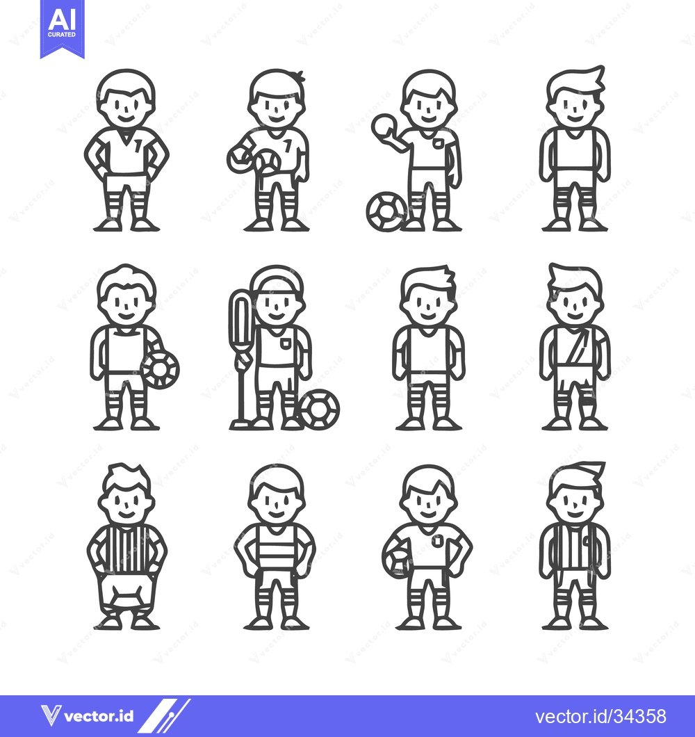 Premium Vector dari Soccer players in various poses and uniforms, vector illustration.