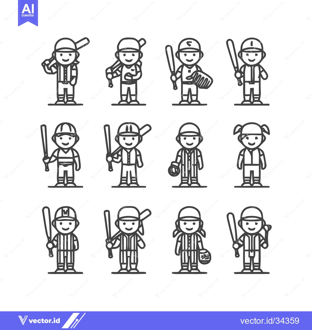 Premium Vector of Baseball Players Line Art Illustration Set for Design.