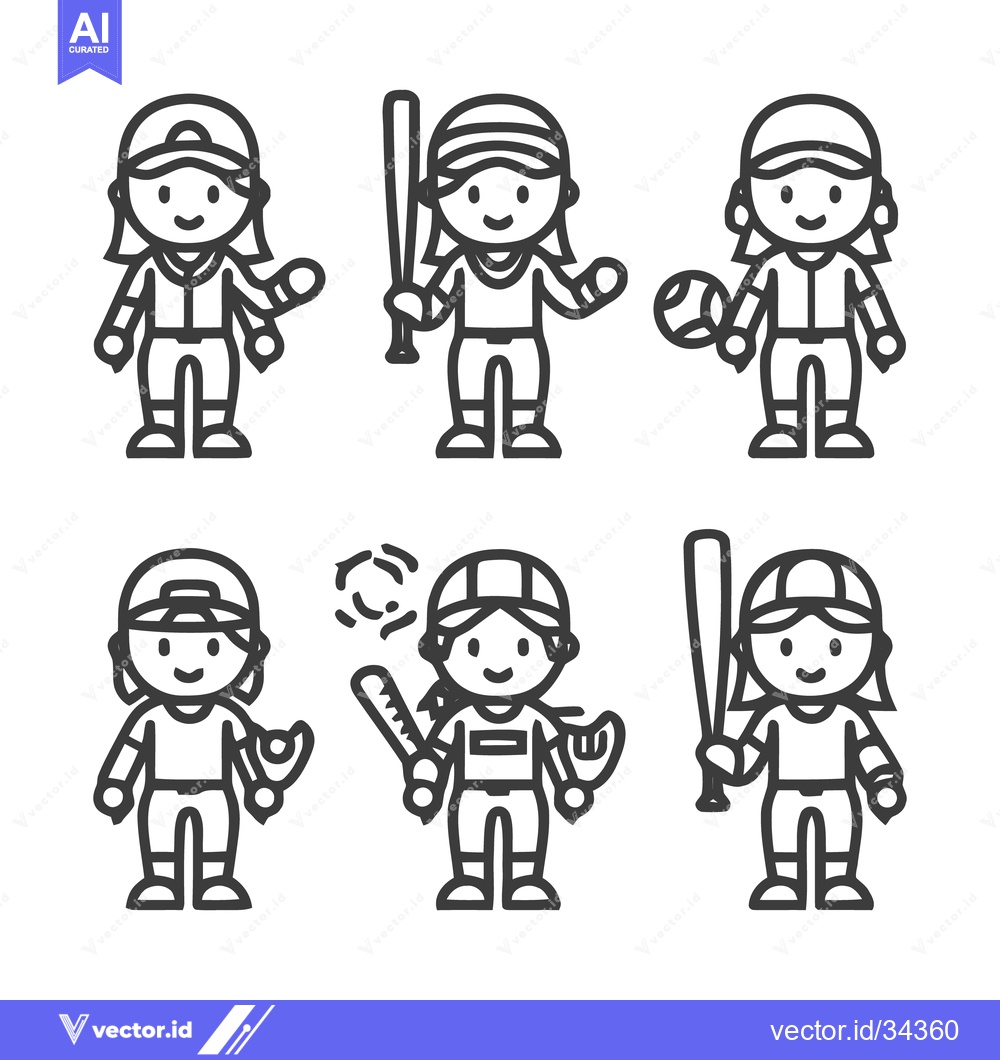 Premium Vector of Line art illustrations of softball players in various poses.