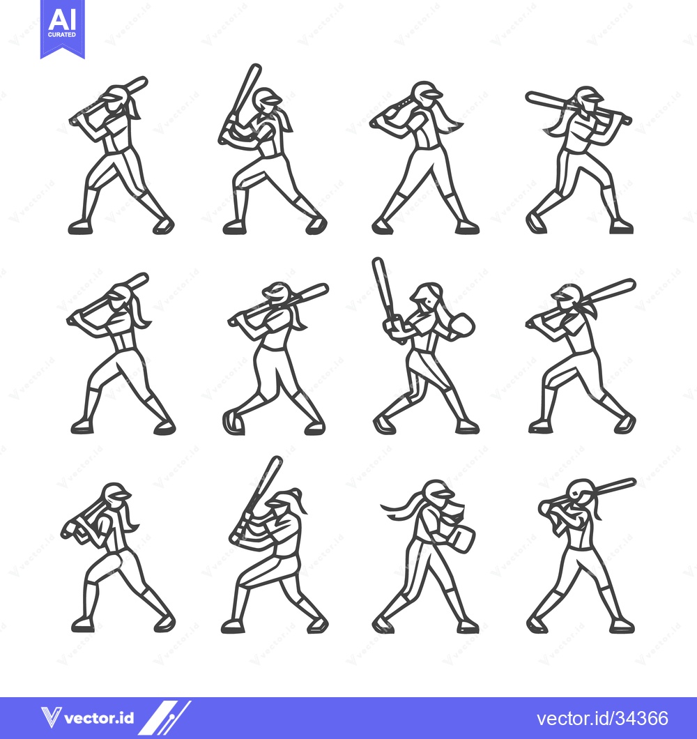 Premium Vector of Softball Players in Action - A Collection of Line Art Illustrations.