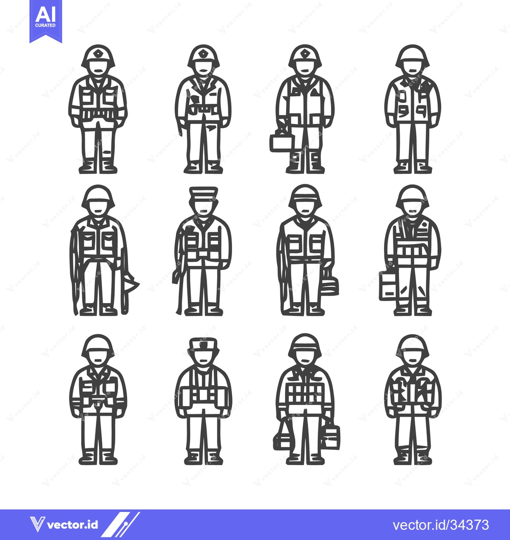 Premium Vector of Soldier Icons - Uniformed Figures in Various Poses and Gear.