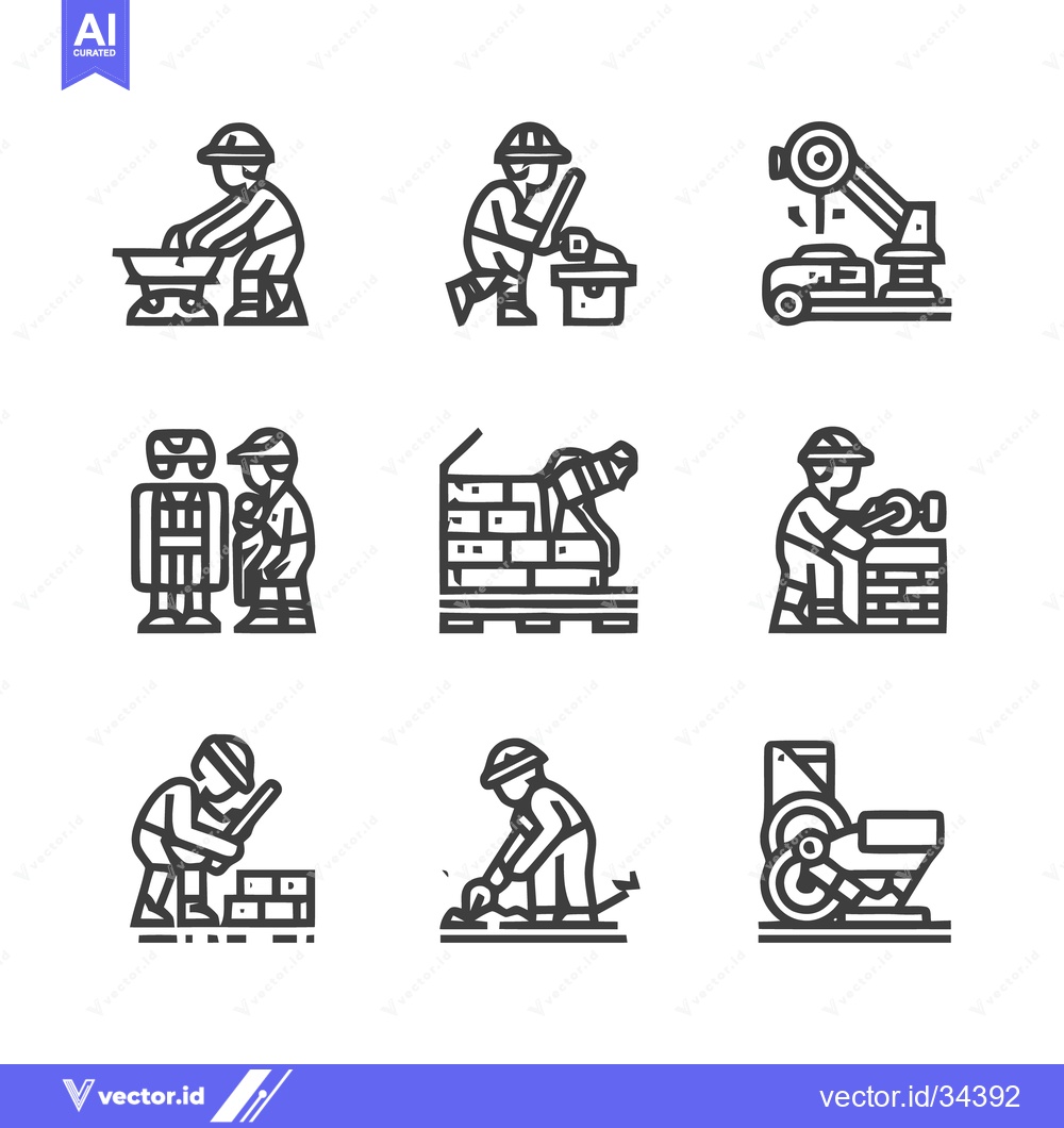 Premium Vector dari Construction workers and robots building structures in various poses.