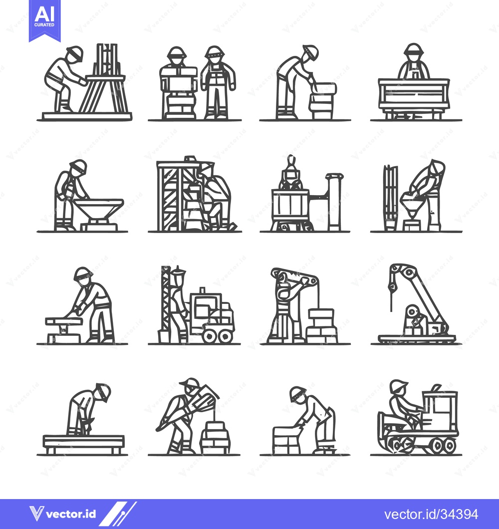 Premium Vector of Construction Workers and Equipment in Line Art Style.