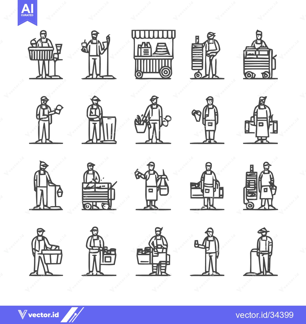 Premium Vector of Line art illustrations of various vendors and market sellers.