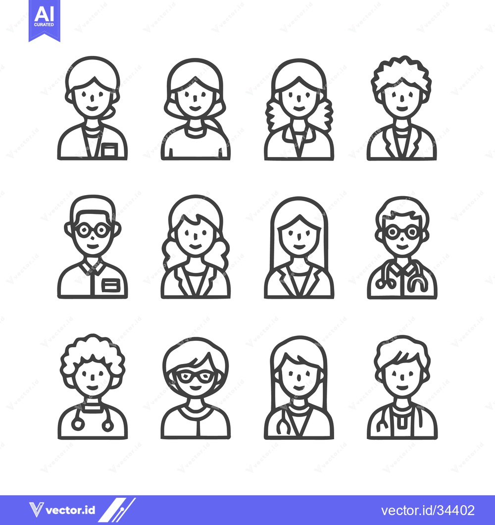 Premium Vector dari Diverse Line Art Portraits of Professionals and Doctors.