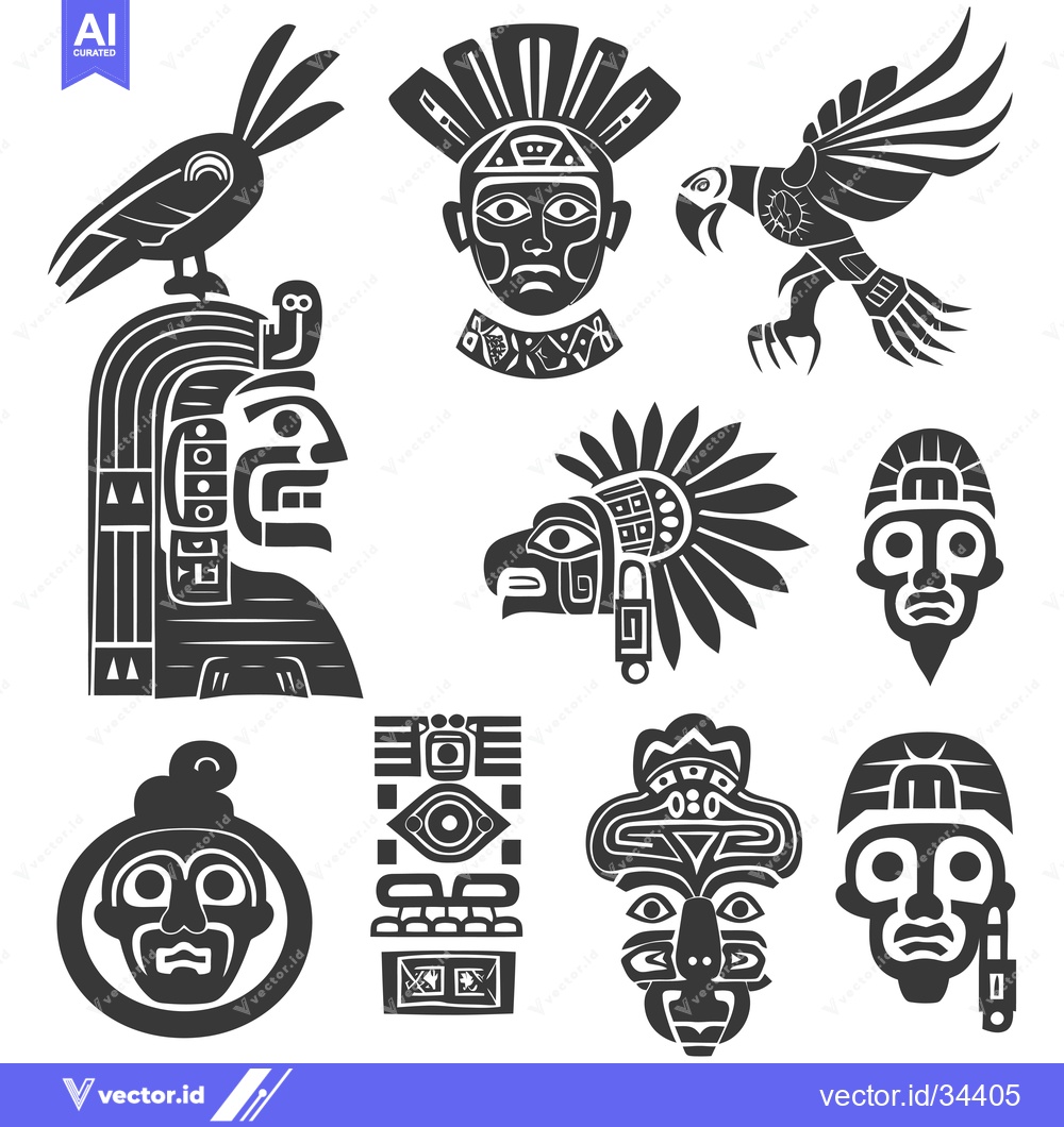 Premium Vector of Collection of Stylized Ancient Mayan Art Designs with Faces and Birds