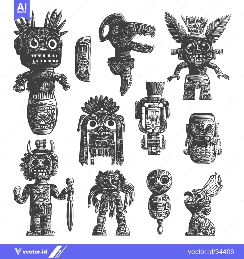Premium Vector dari Collection of Stylized Ancient Mayan or Aztec Figurines