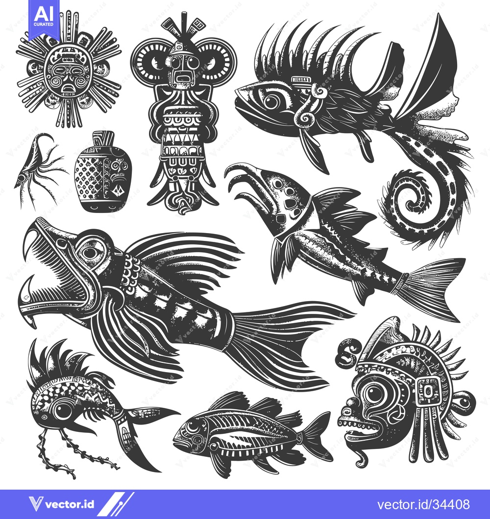 Premium Vector of Collection of Stylized Aztec Fish and Masks