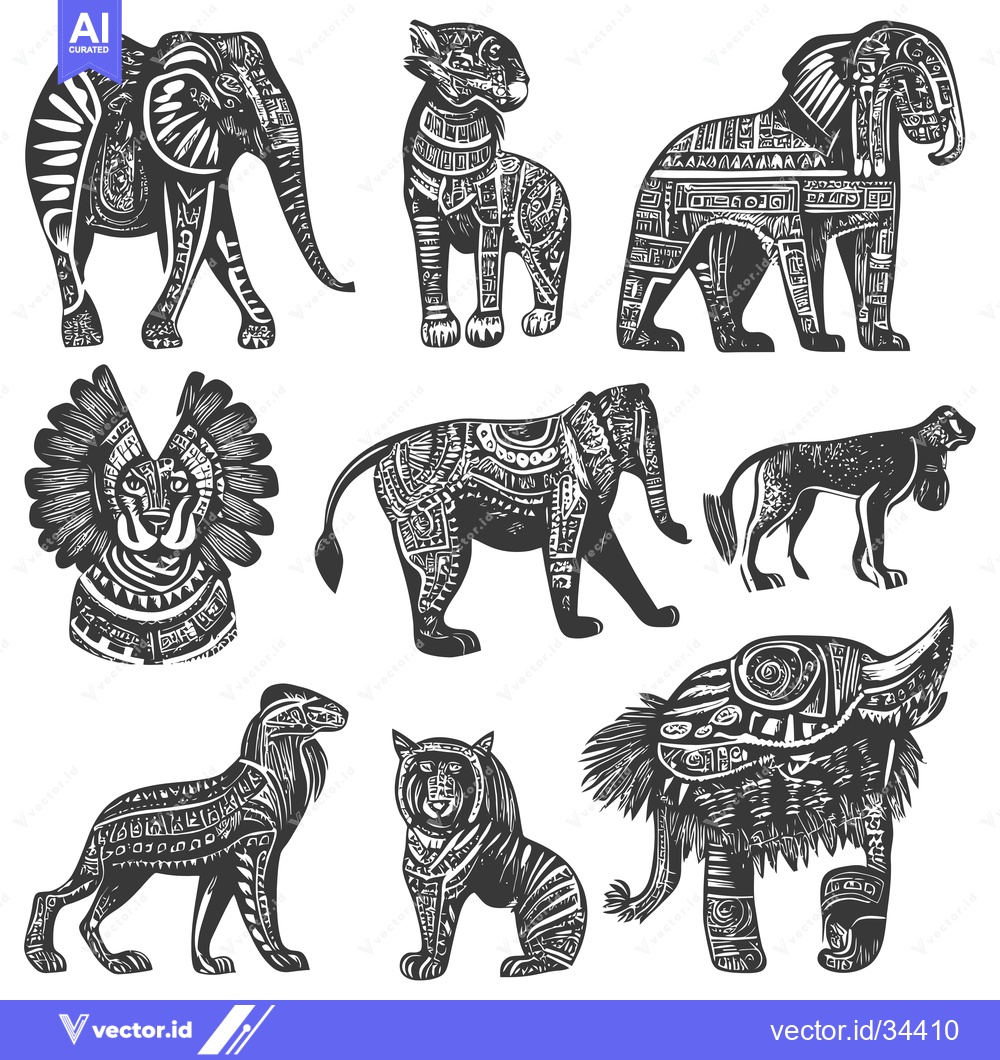Premium Vector of Collection of stylized black and white illustrations of animals with i