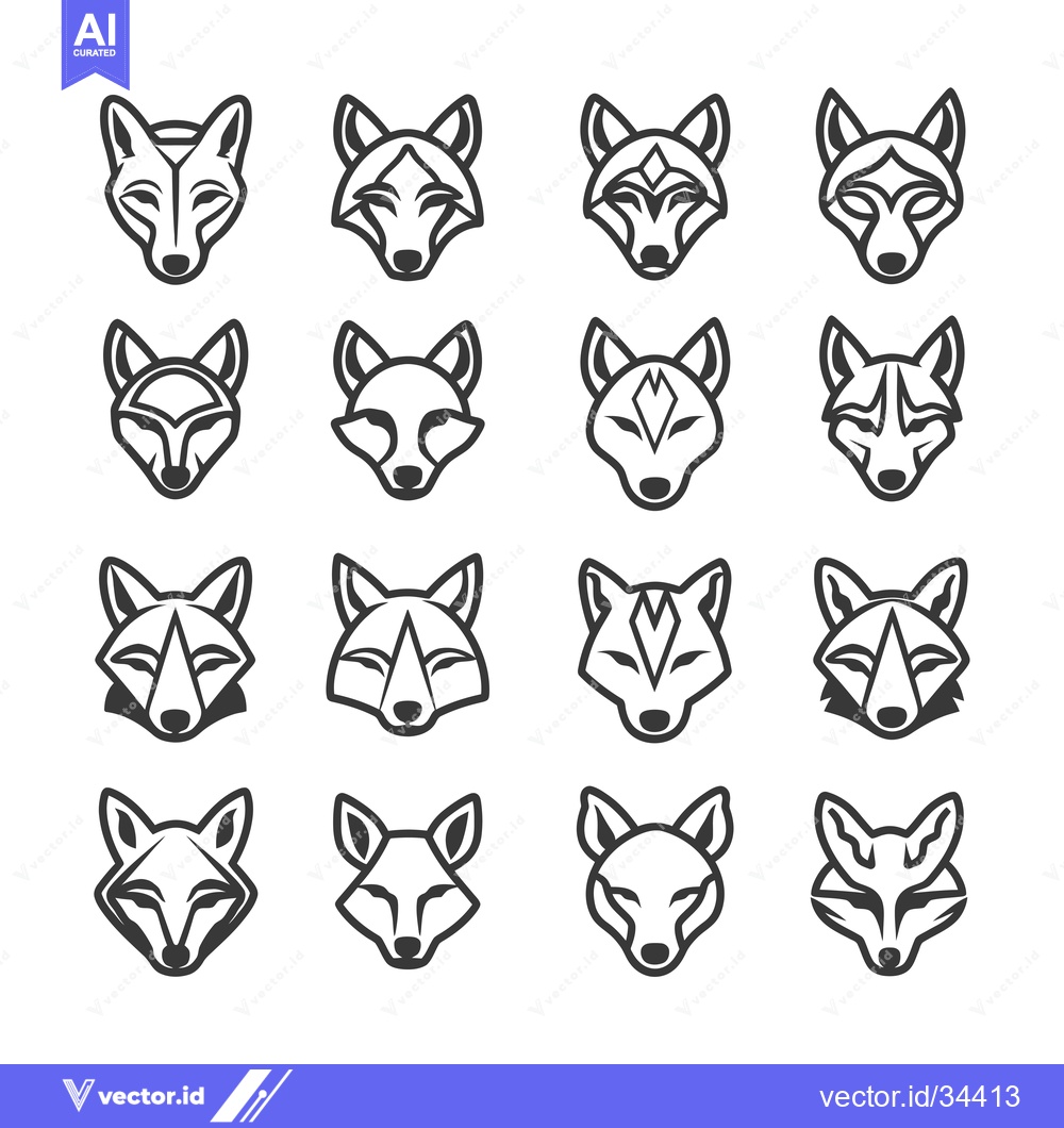 Premium Vector dari Collection of Stylized Fox Head Icons in Black and White
