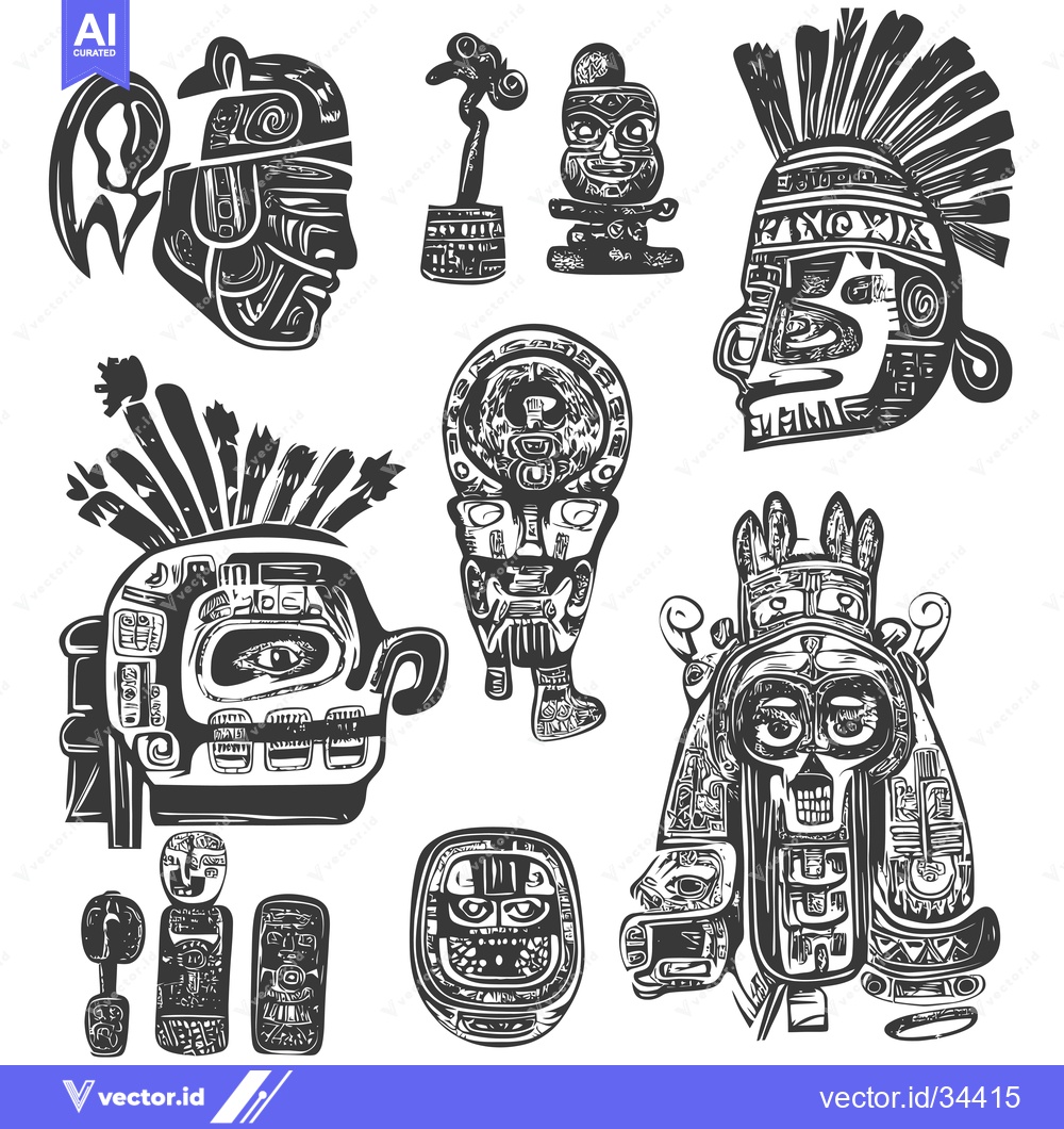 Premium Vector dari Collection of Stylized Mayan-Inspired Figures with Detailed Carvings