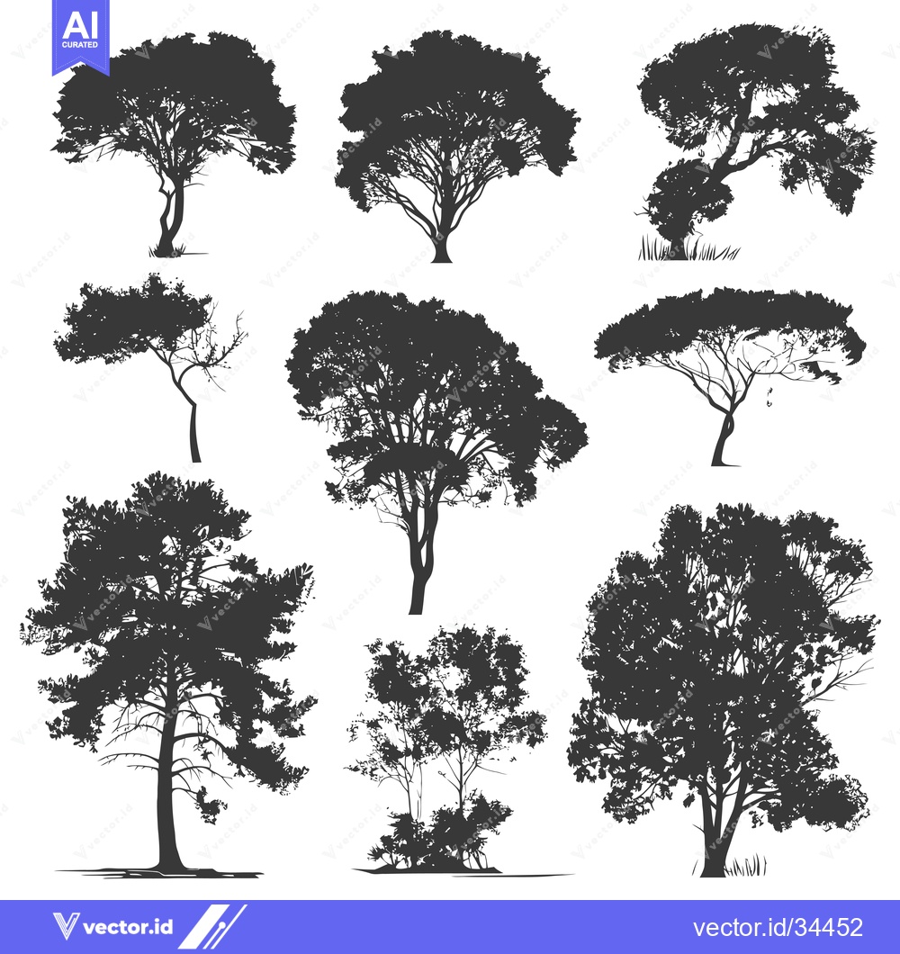 Premium Vector of Collection of Ten Detailed Tree Silhouettes on White Background