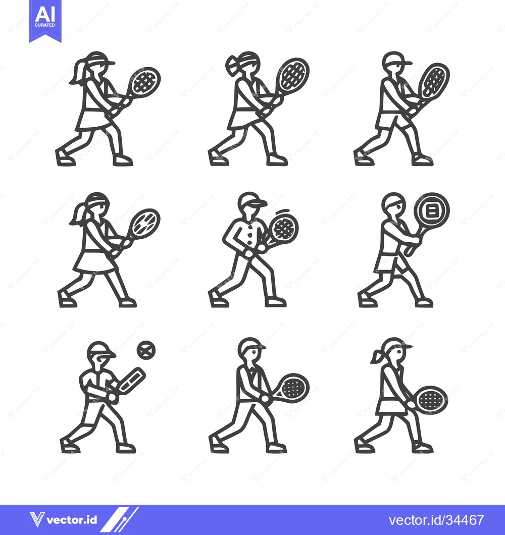 Premium Vector of Tennis Players in Action - A Collection of Line Art Illustrations.