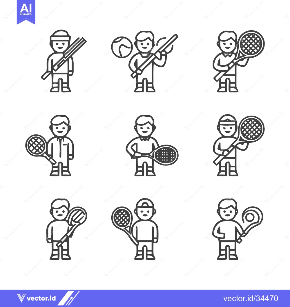 Premium Vector of Tennis player icons set, various poses and equipment.