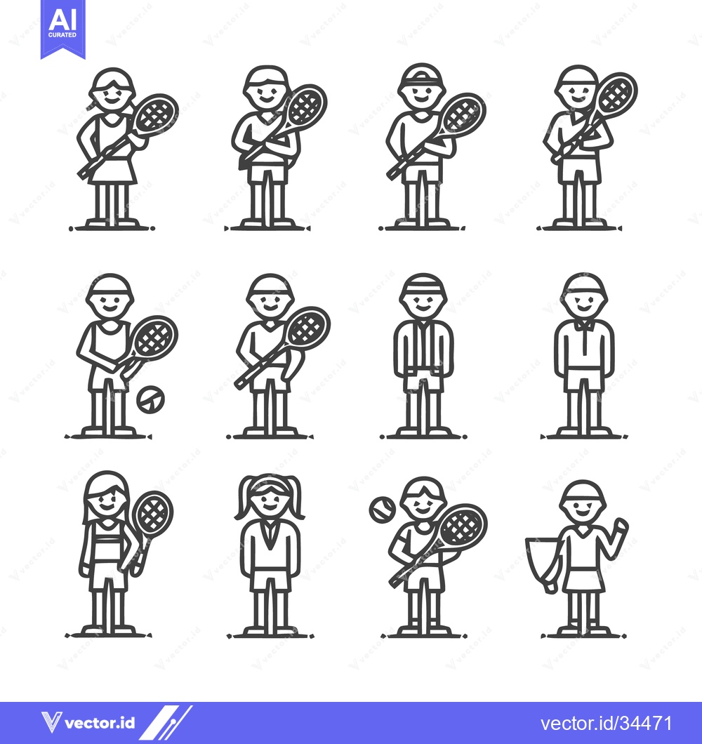 Premium Vector dari Tennis players in various poses, line art illustration.