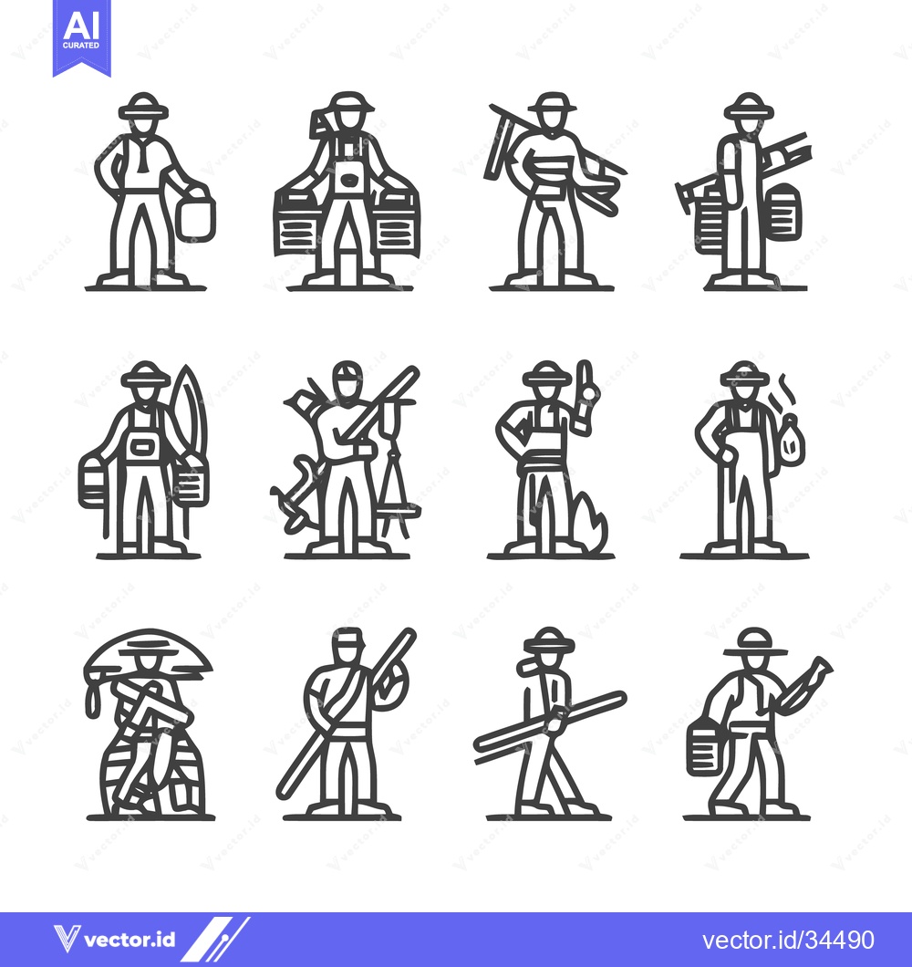 Premium Vector of Diverse Line Art Illustrations of Various Professions and Occupations.