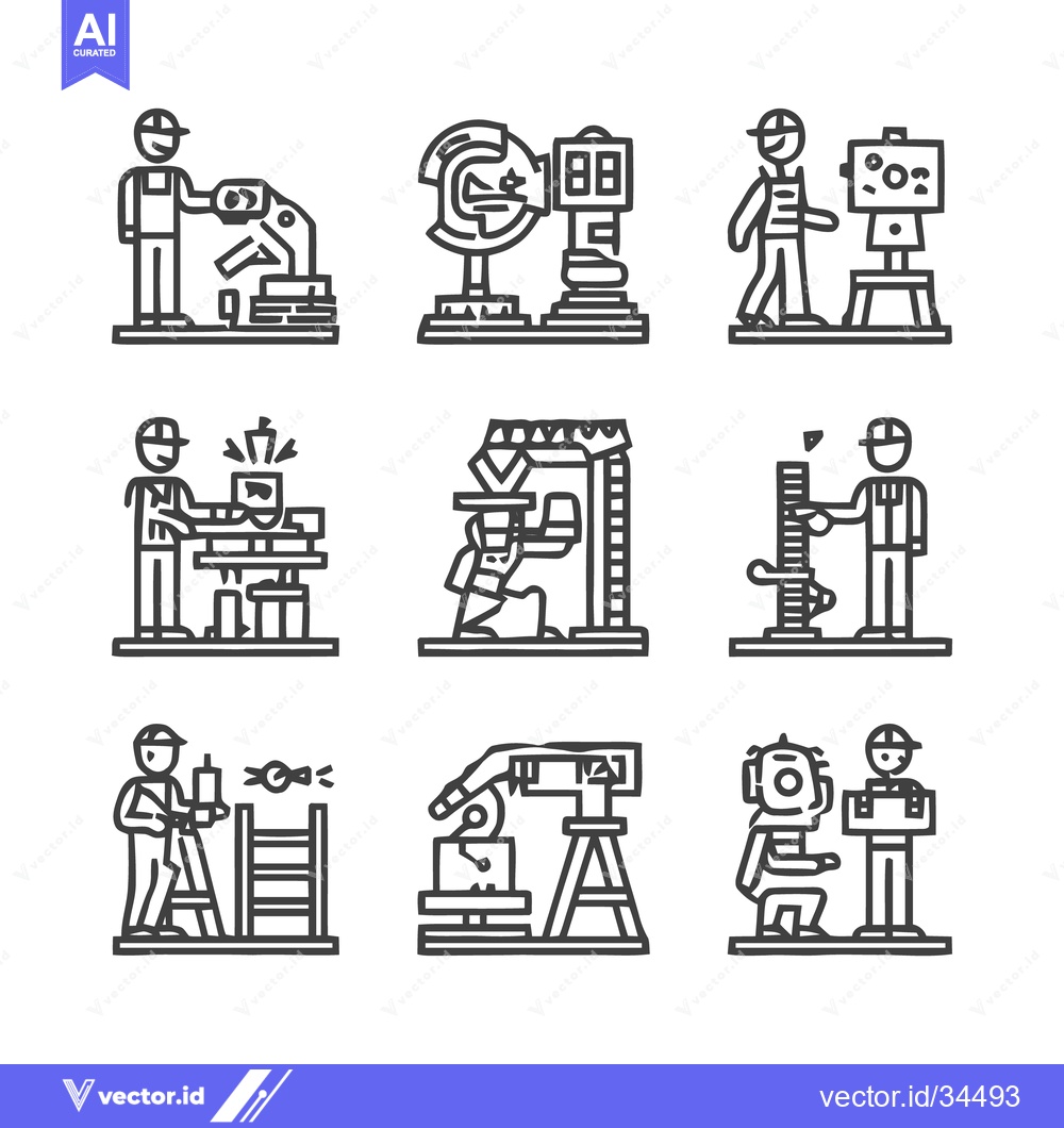 Premium Vector of Construction Workers at Work - A Detailed Line Art Illustration.