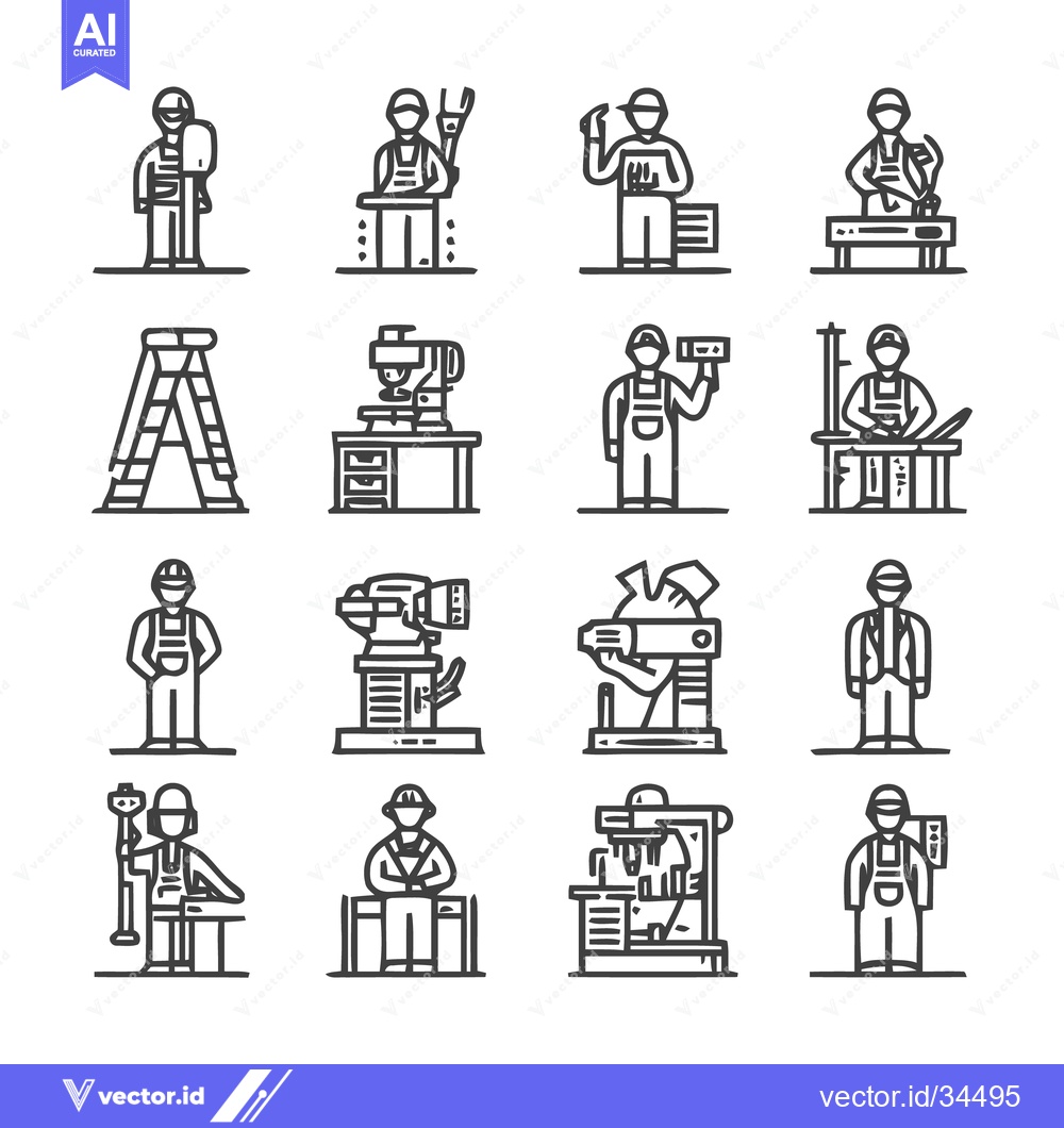 Premium Vector of Construction Workers and Tools - A Detailed Line Art Collection.