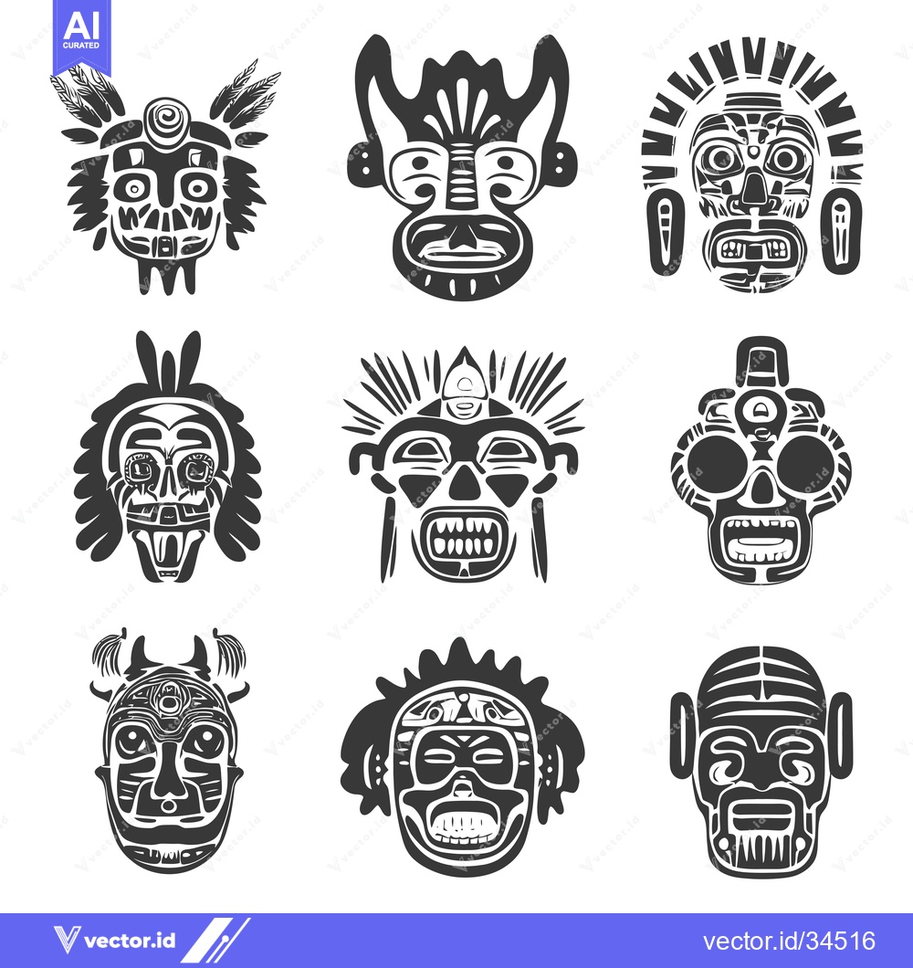 Premium Vector dari Collection of Tribal Masks with Geometric Patterns