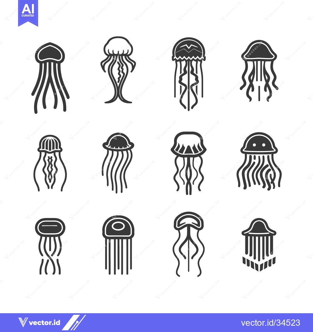 Premium Vector dari Collection of twelve black and white jellyfish illustrations