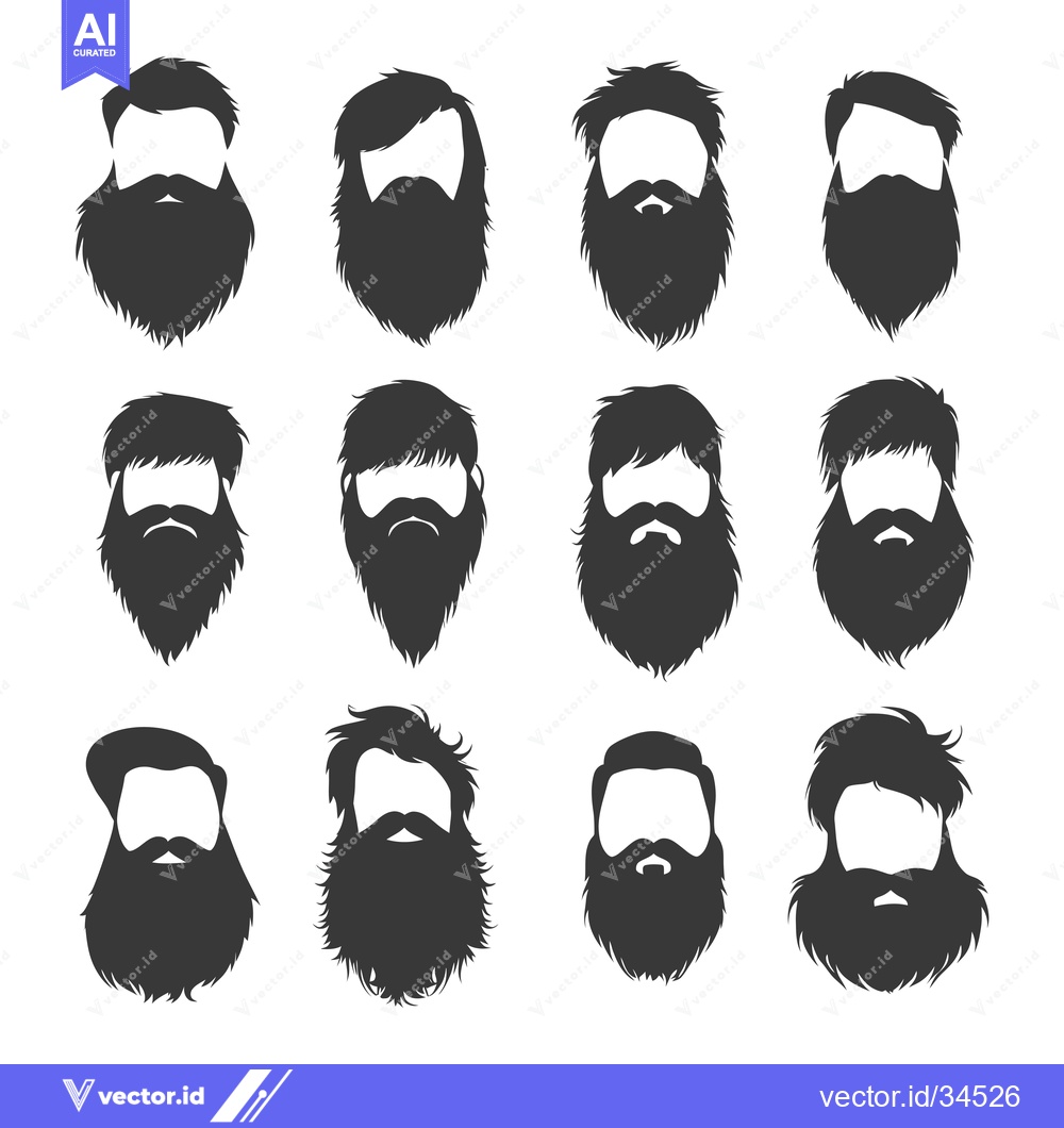 Premium Vector dari Collection of Twelve Black and White Silhouettes of Beards and Haircut