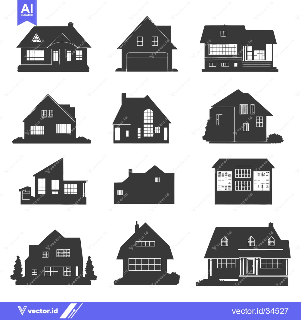 Premium Vector dari Collection of Twelve Black Silhouettes of Houses with Varying Architec