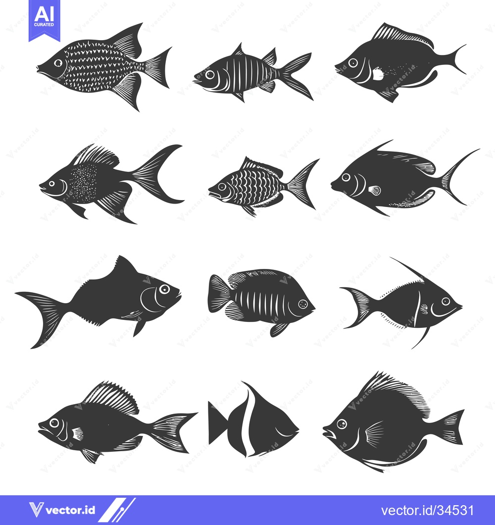 Premium Vector of Collection of Twelve Detailed Black and White Fish Silhouettes