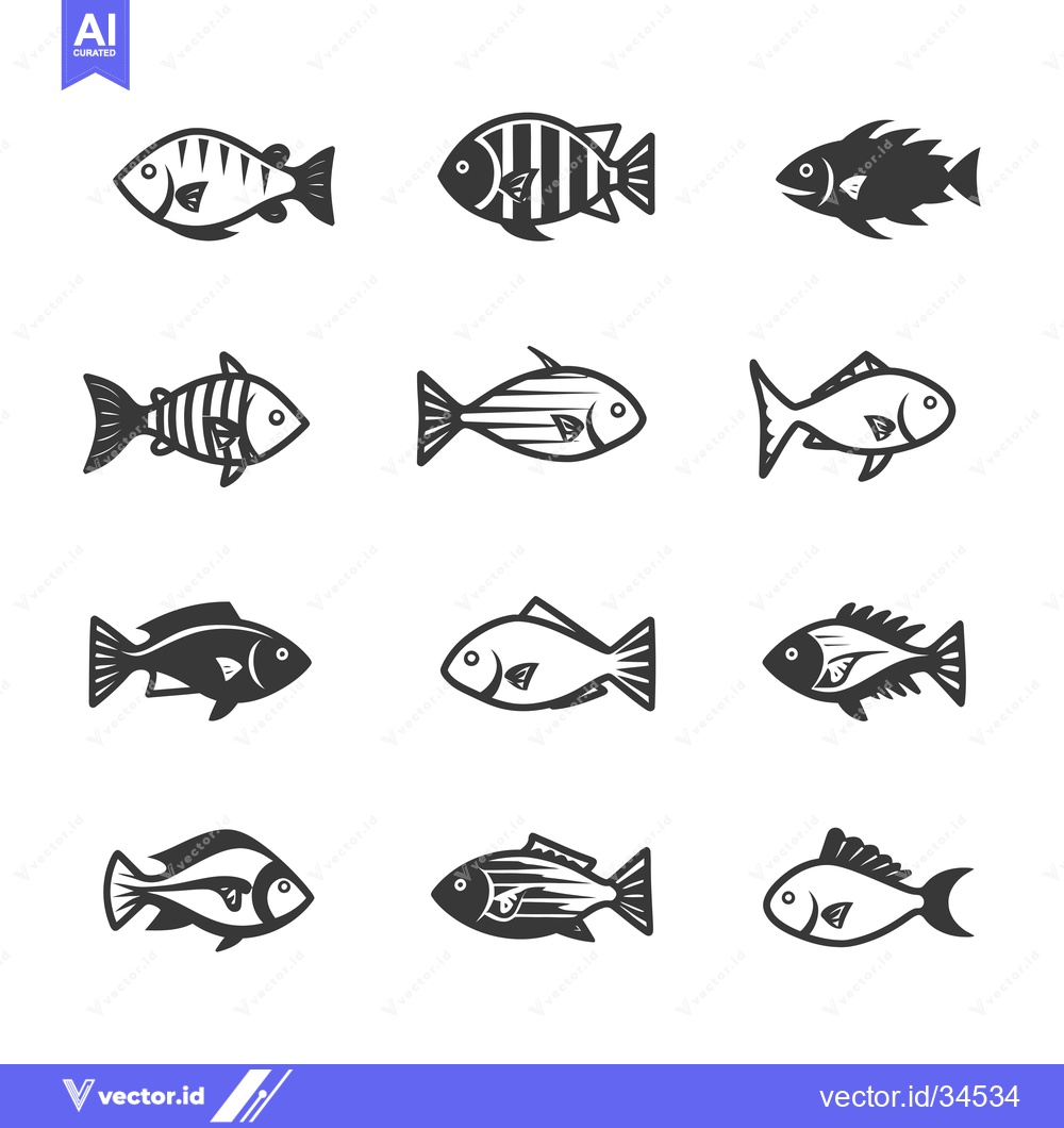 Premium Vector of Collection of Twelve Different Fish Illustrations in Black and White