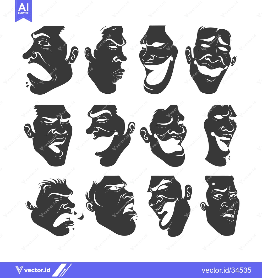 Premium Vector of Collection of Twelve Diverse Facial Expressions in Silhouette