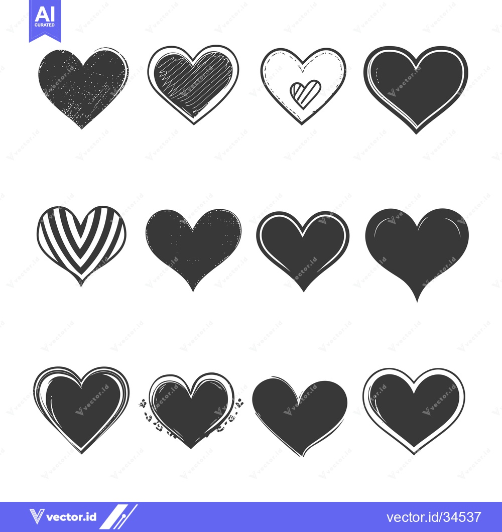 Premium Vector dari Collection of Twelve Hand-Drawn Black and White Hearts