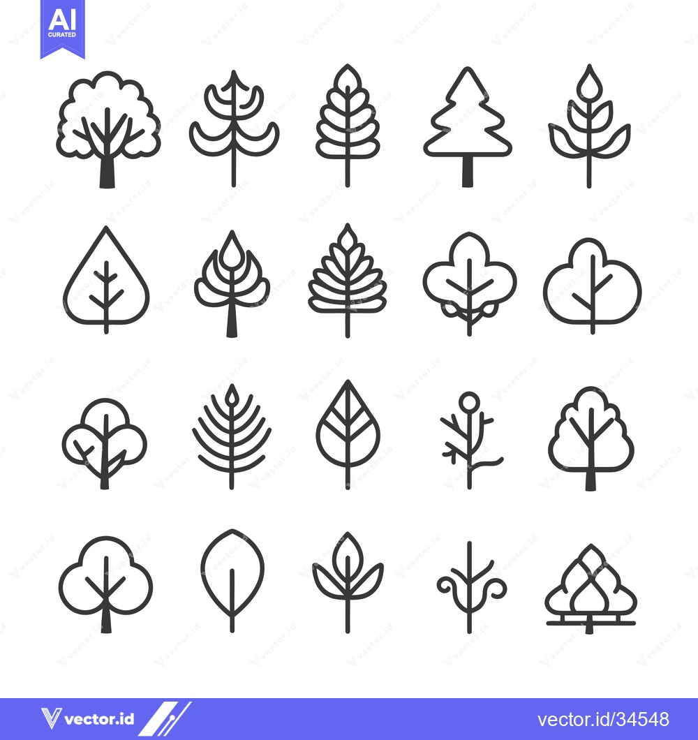 Premium Vector dari Collection of Twenty Simple Line Drawings of Trees and Plants