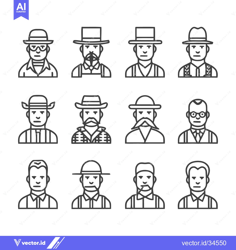 Premium Vector dari Line art portraits of diverse men with hats and attire.